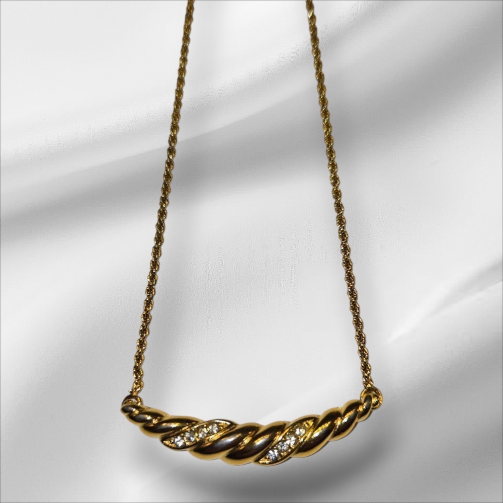 Christian Dior Vintage 1970s Long Bar Swirl Gold-plated Crystals Necklace